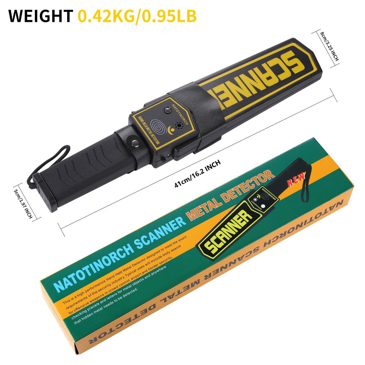Natotinorch security wand displaying alarm modes for quick venue screening.