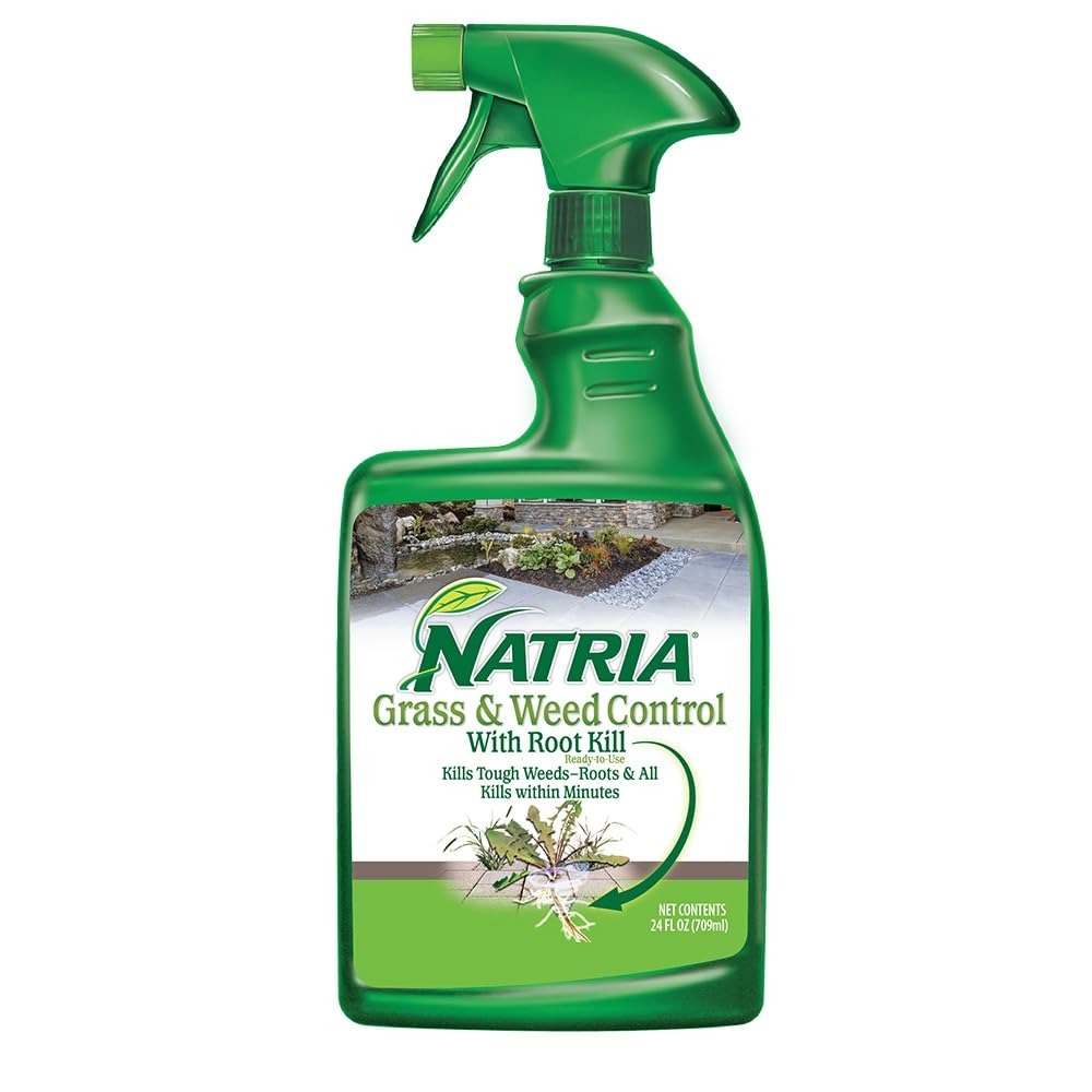 Natria Grass and Weed Killer bottle shown for easy outdoor application around flower beds