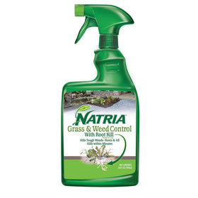 Natria Grass and Weed Killer bottle shown for easy outdoor application around flower beds