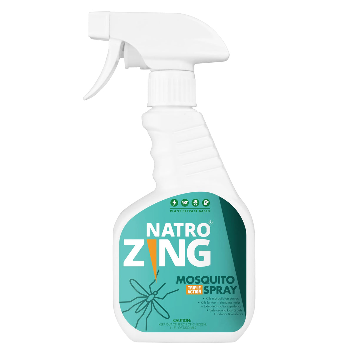NatroZing triple action mosquito spray bottle front for indoor and outdoor use.