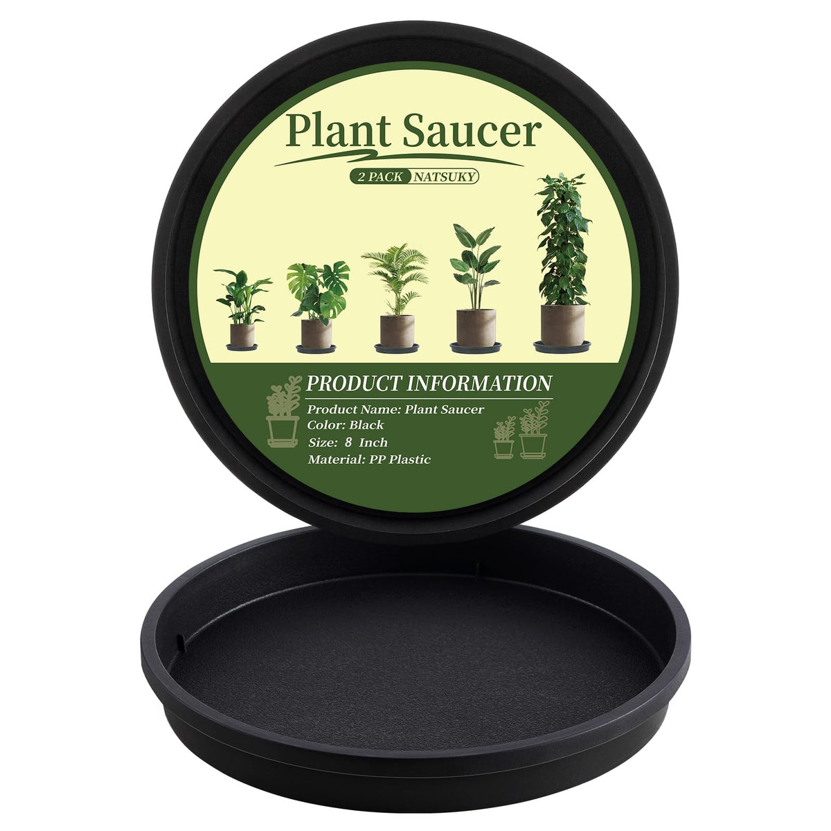 NATSUKY plant saucer 8inch round top view; sturdy PP tray catches drips for indoor plants.