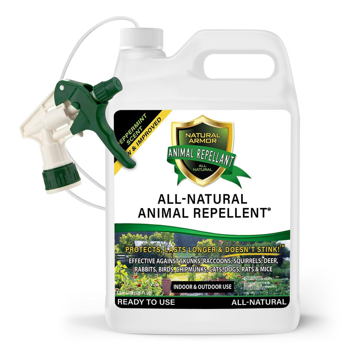 Natural Armor repellent spray bottle actively deterring pests near a garden.