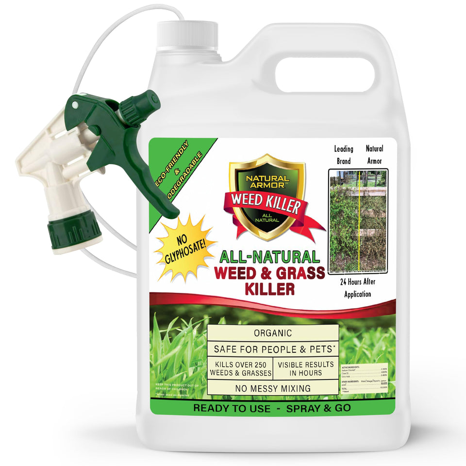 Natural Armor weed killer spray bottle demonstrates easy spray-and-go use