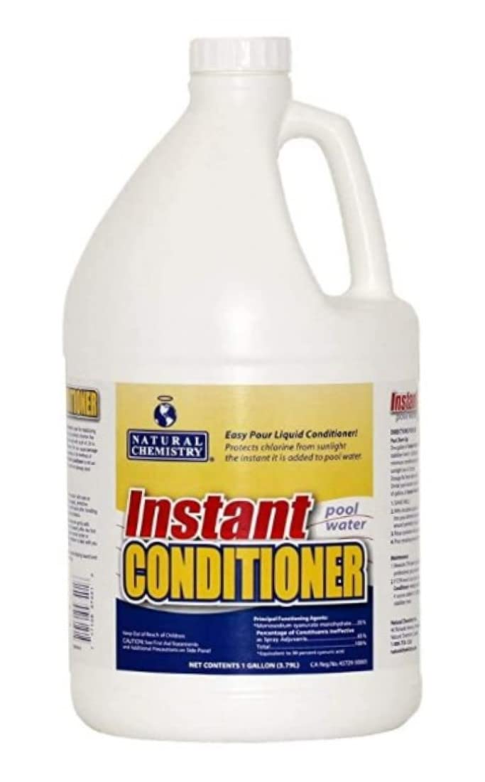 Natural Chemistry Instant Pool Water Conditioner bottle reduces chlorine loss from sunlight for clearer pool water.