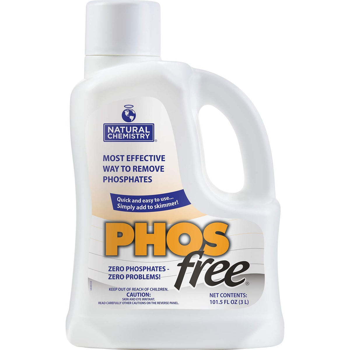 Natural Chemistry Phosfree bottle pouring to reduce phosphates and improve pool clarity.