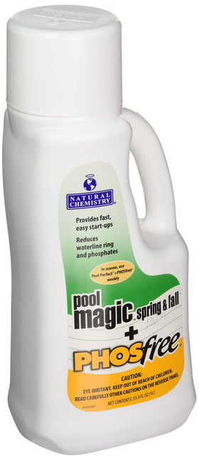 Natural Chemistry Pool Magic + PHOSfree bottle pour demonstrates easy seasonal start-up and phosphate reduction