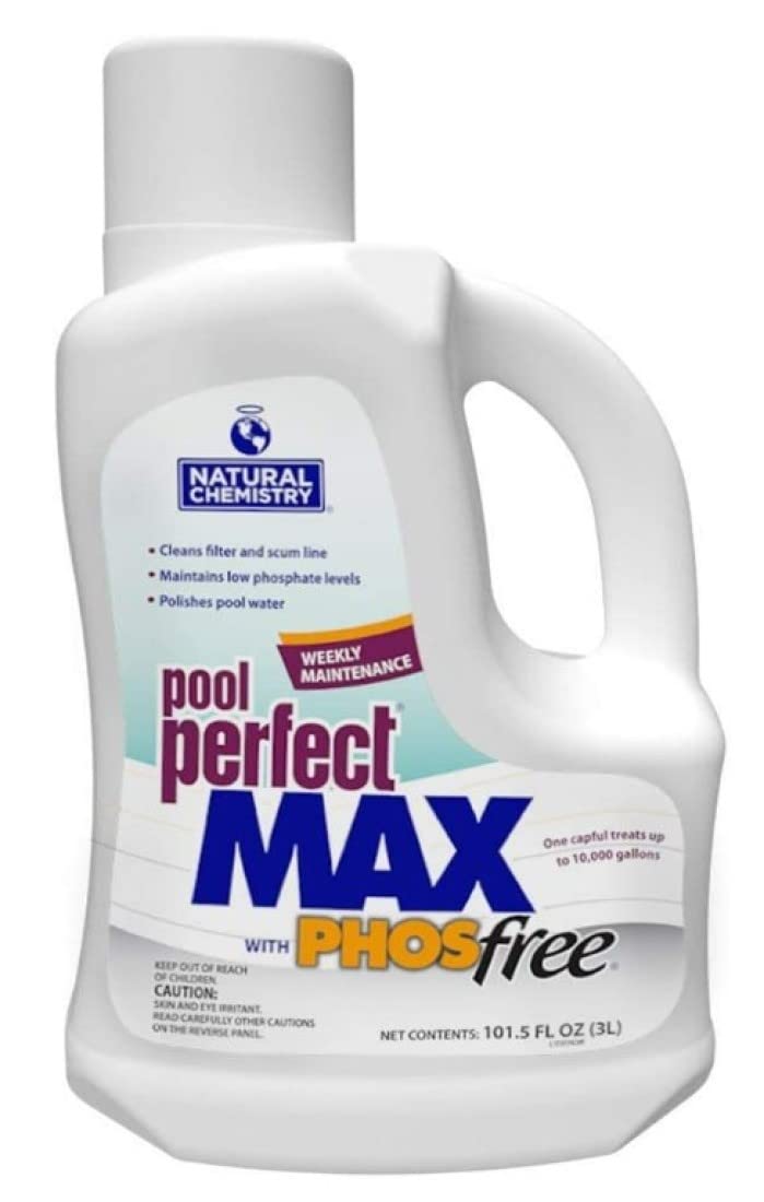 Natural Chemistry Pool Perfect MAX bottle pour shows easy weekly dosing for clearer, balanced pool water
