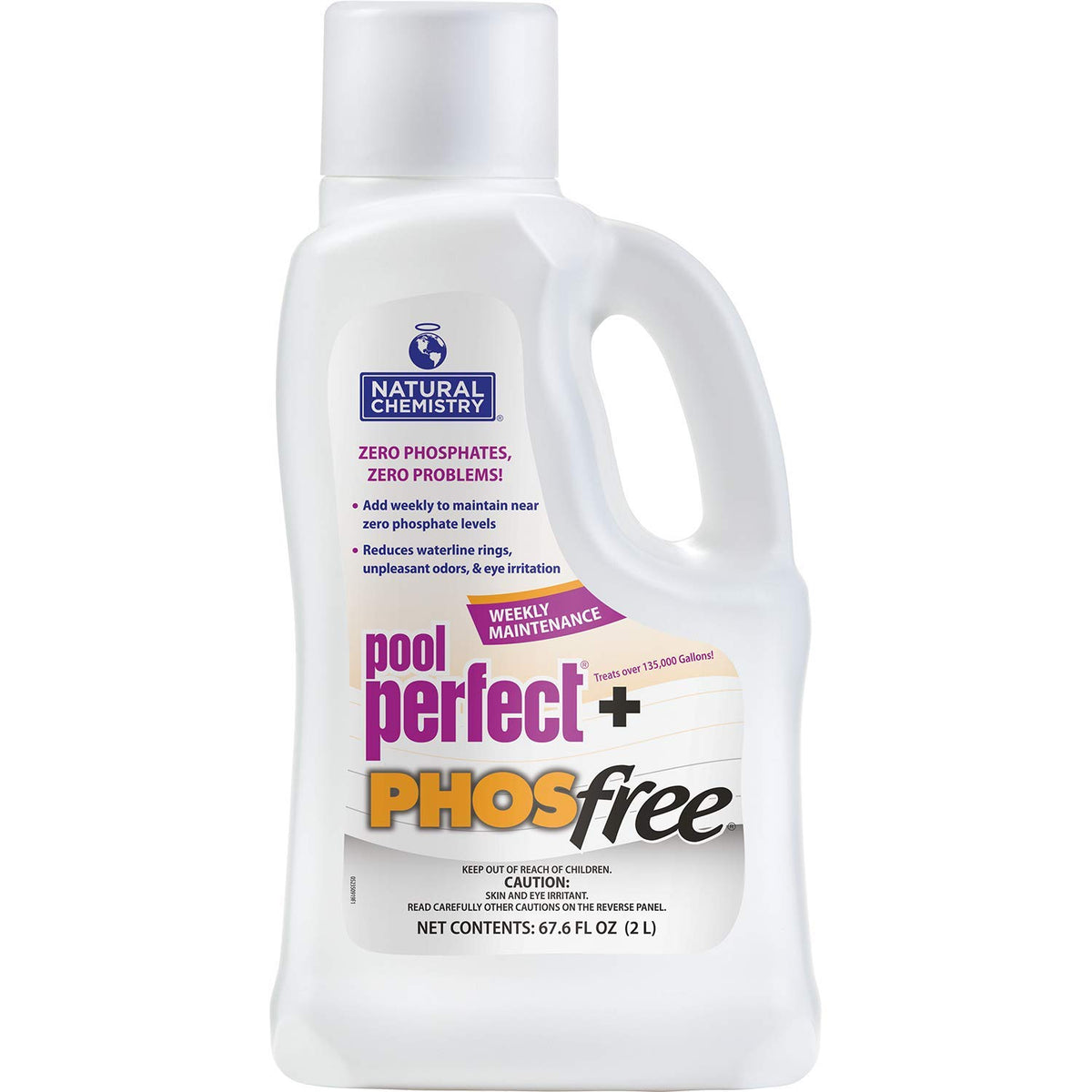 Natural Chemistry Pool Perfect + PHOSfree 2L bottle pour showing clear water and reduced phosphates