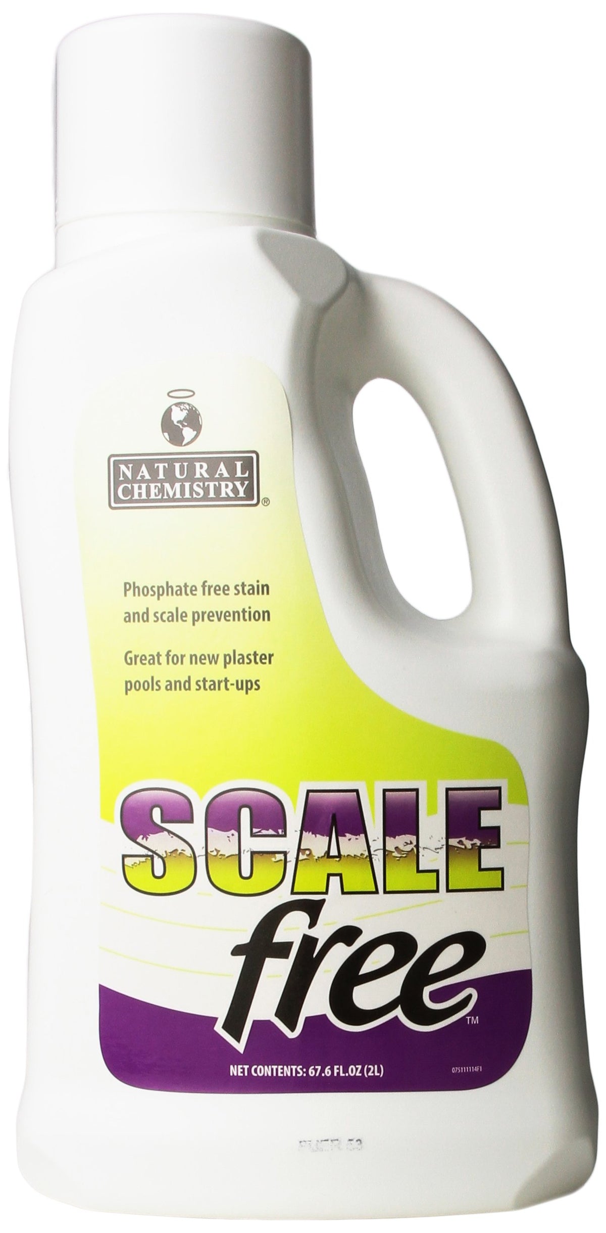 Natural Chemistry SCALEfree bottle pouring into pool water to prevent mineral scale and staining.