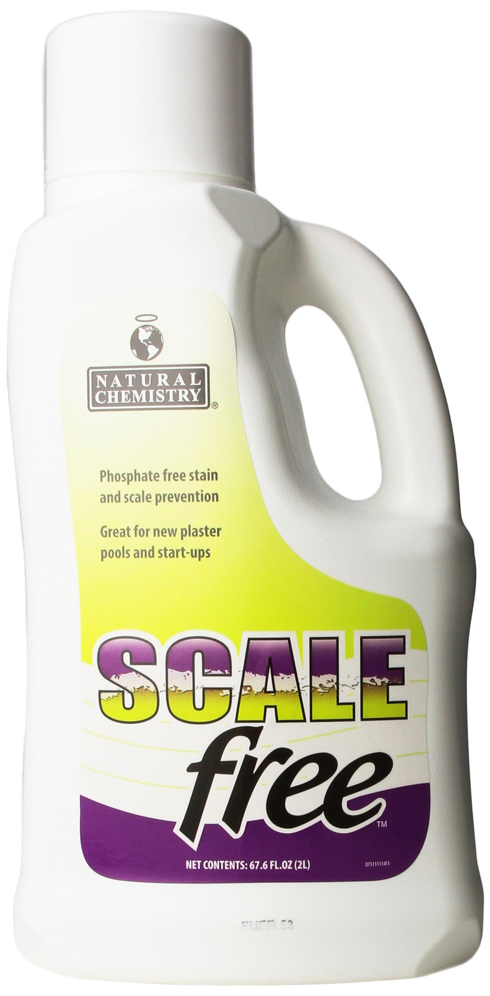 Natural Chemistry SCALEfree bottle pouring into pool water to prevent mineral scale and staining.