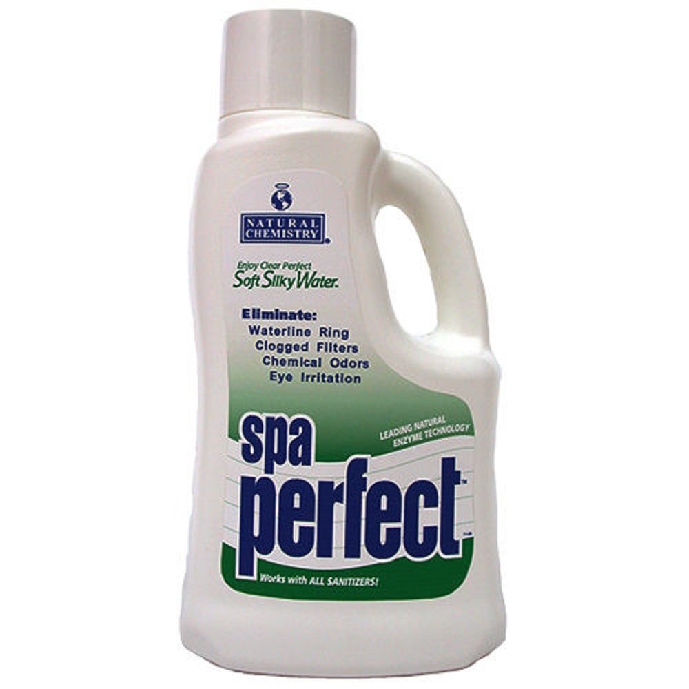 Natural Chemistry Spa Perfect bottle in use demonstrates easier maintenance and longer filter cycles