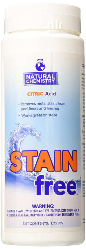 Natural Chemistry Stain Free bottle pour showing safe, phosphate-free metal stain removal for vinyl and fiberglass pools.
