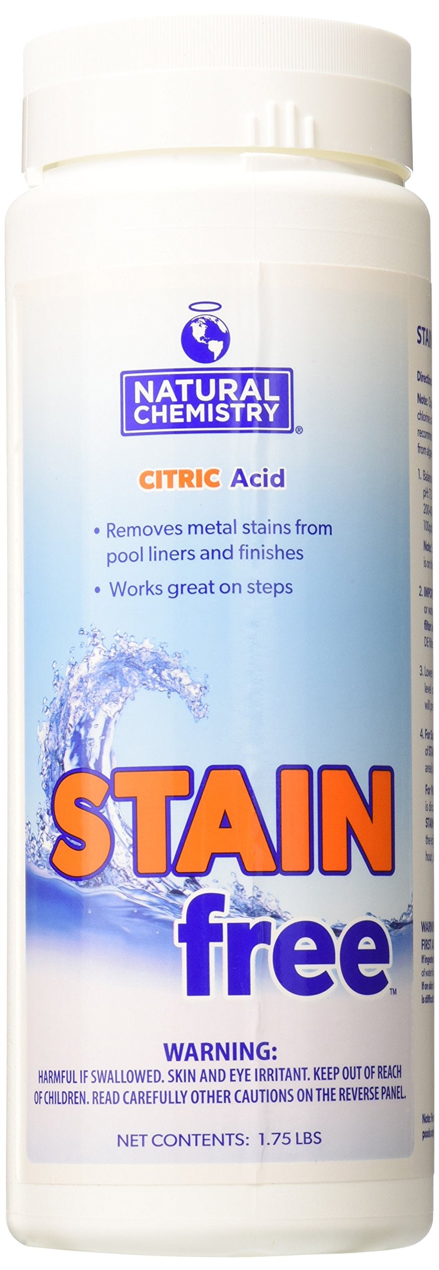 Natural Chemistry Stain Free bottle pour showing safe, phosphate-free metal stain removal for vinyl and fiberglass pools.