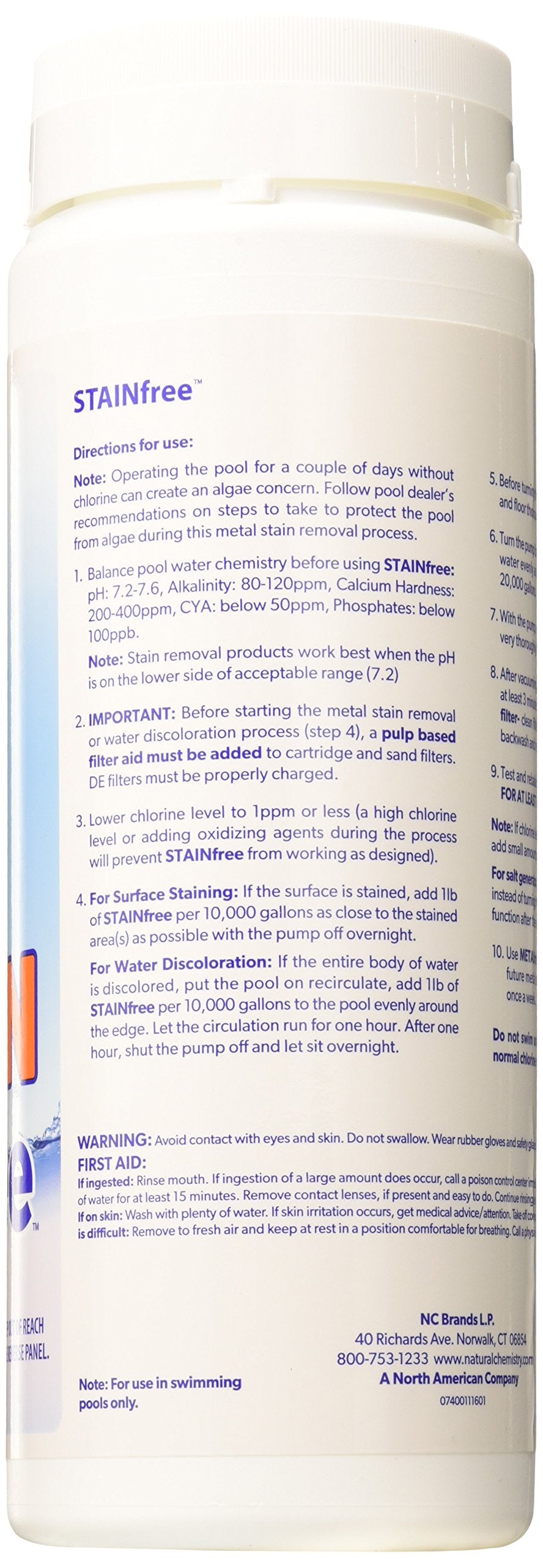 Natural Chemistry Stain Free metal stain removal on pool surface aids clean, non-phosphate treatment.