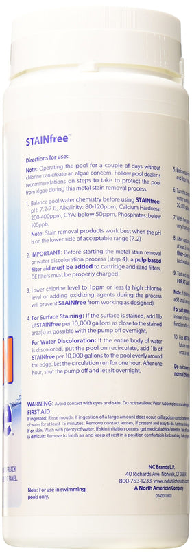 Natural Chemistry Stain Free metal stain removal on pool surface aids clean, non-phosphate treatment.