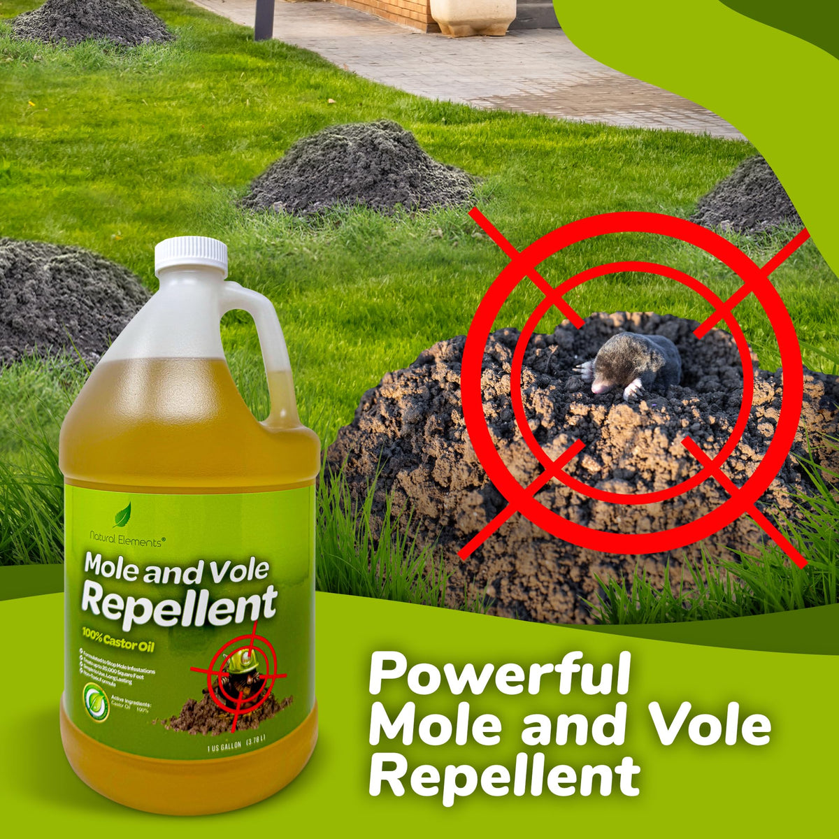 Natural Elements Mole and Vole Repellent being applied to soil to deter burrowing pests.