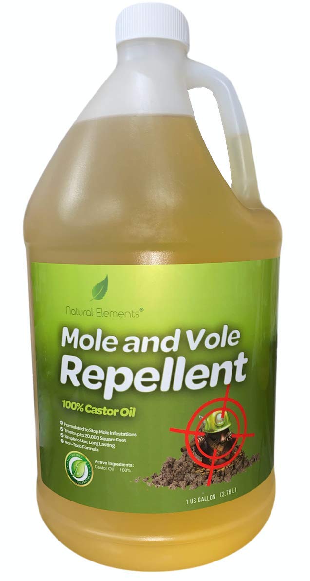 Natural Elements Mole and Vole Repellent bottle ready for easy lawn application.