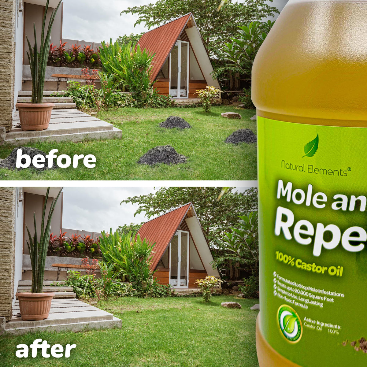 Natural Elements Mole and Vole Repellent provides wide lawn coverage for large spaces.