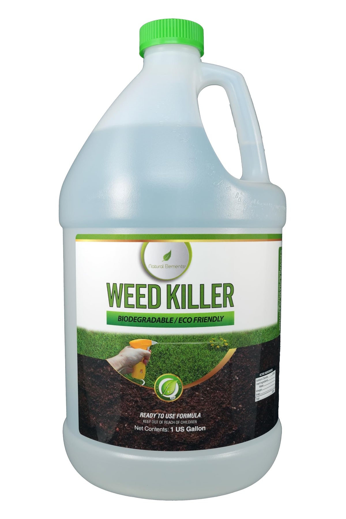 Natural Elements Weed Killer bottle front showing ready-to-use formula for home use