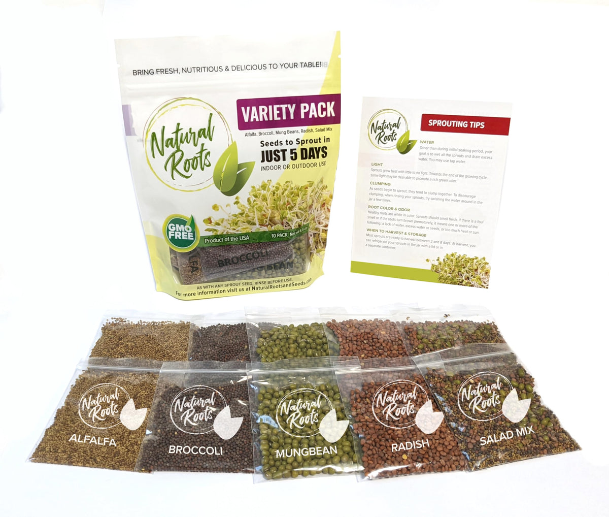 Natural Roots broccoli sprouting seeds in a seed pack, ready for jar or tray for fresh home sprouts.