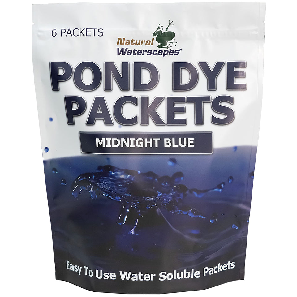 Natural Waterscapes Midnight Blue pond dye packets packaging for easy, mess-free use.