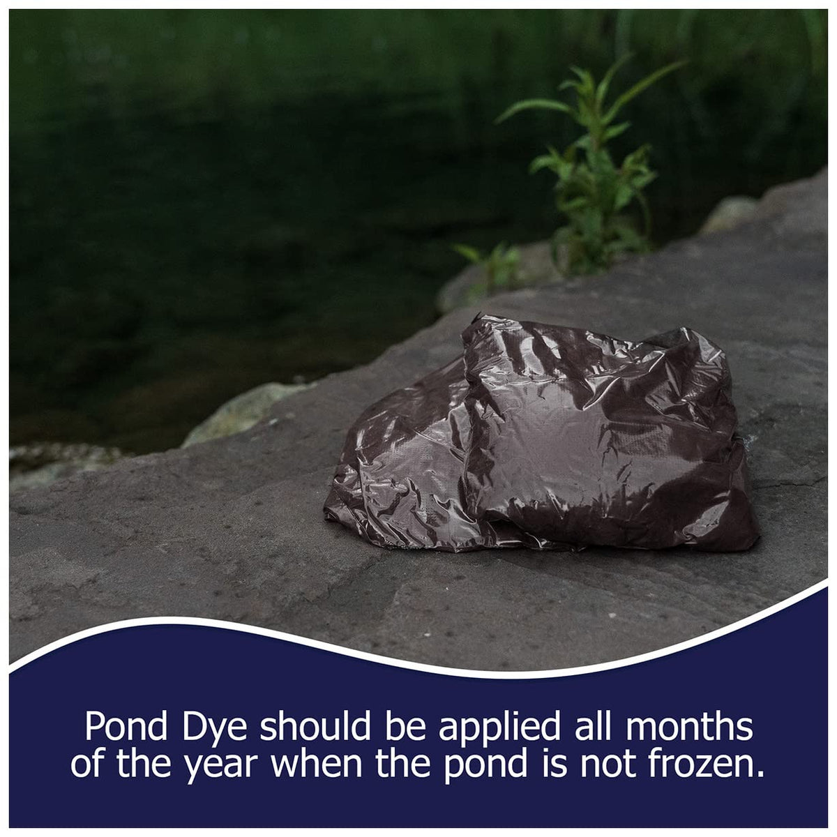 Natural Waterscapes Midnight Blue pond dye packets monthly maintenance reminder.