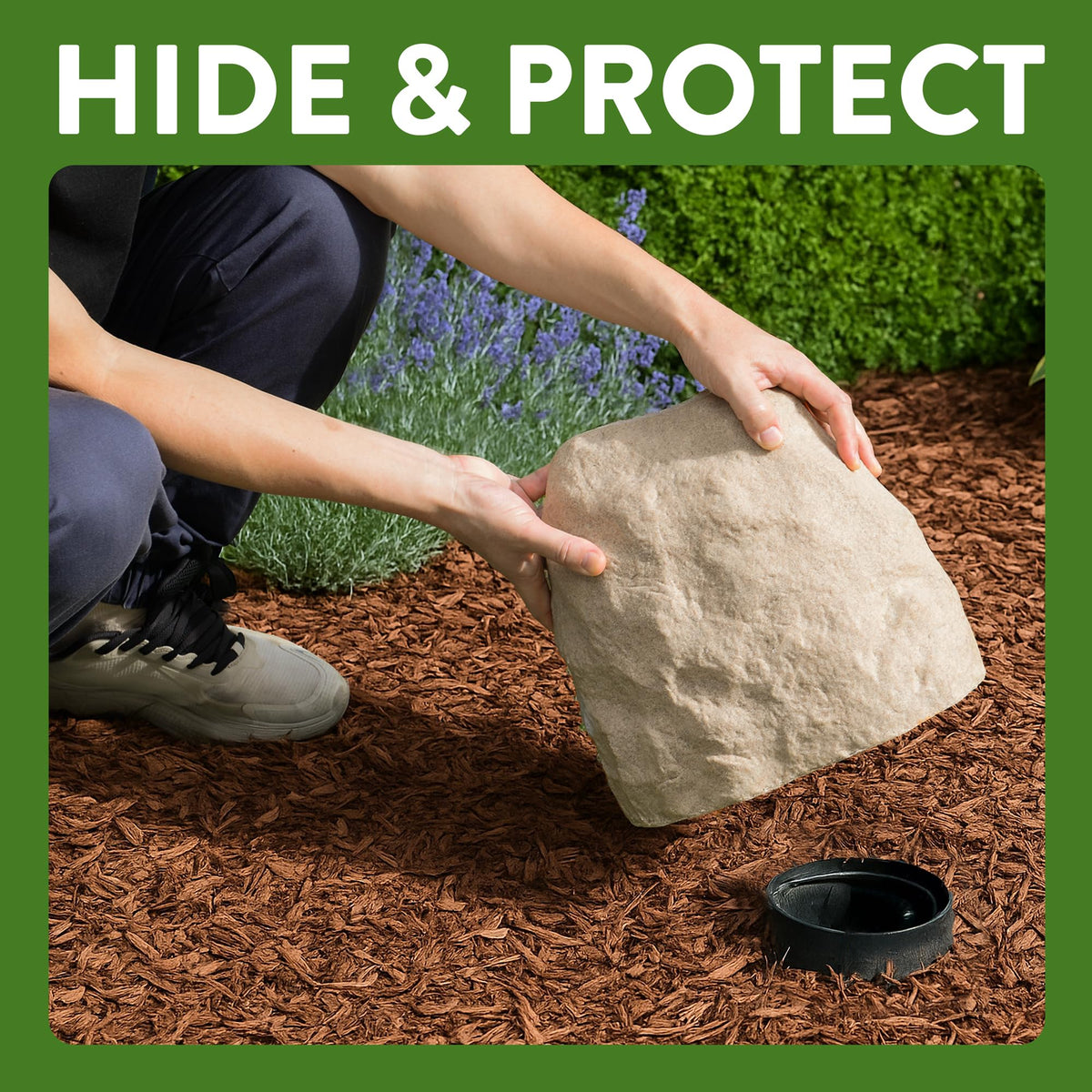 Naturalings natural sandstone rock cover blends into garden soil and mulch.
