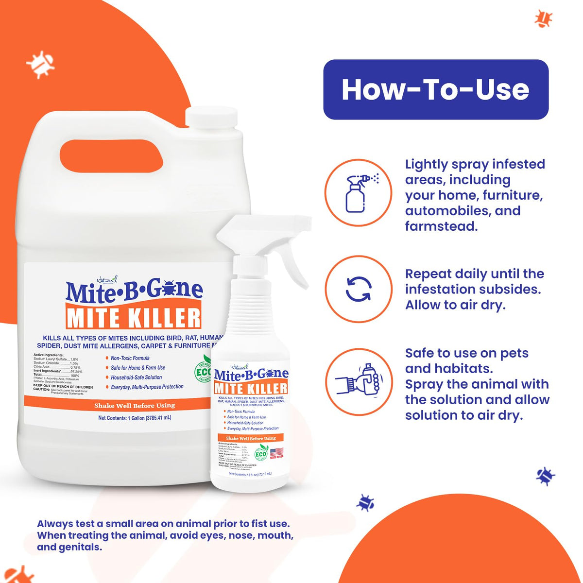 Car interior spray provides mite protection while traveling.
