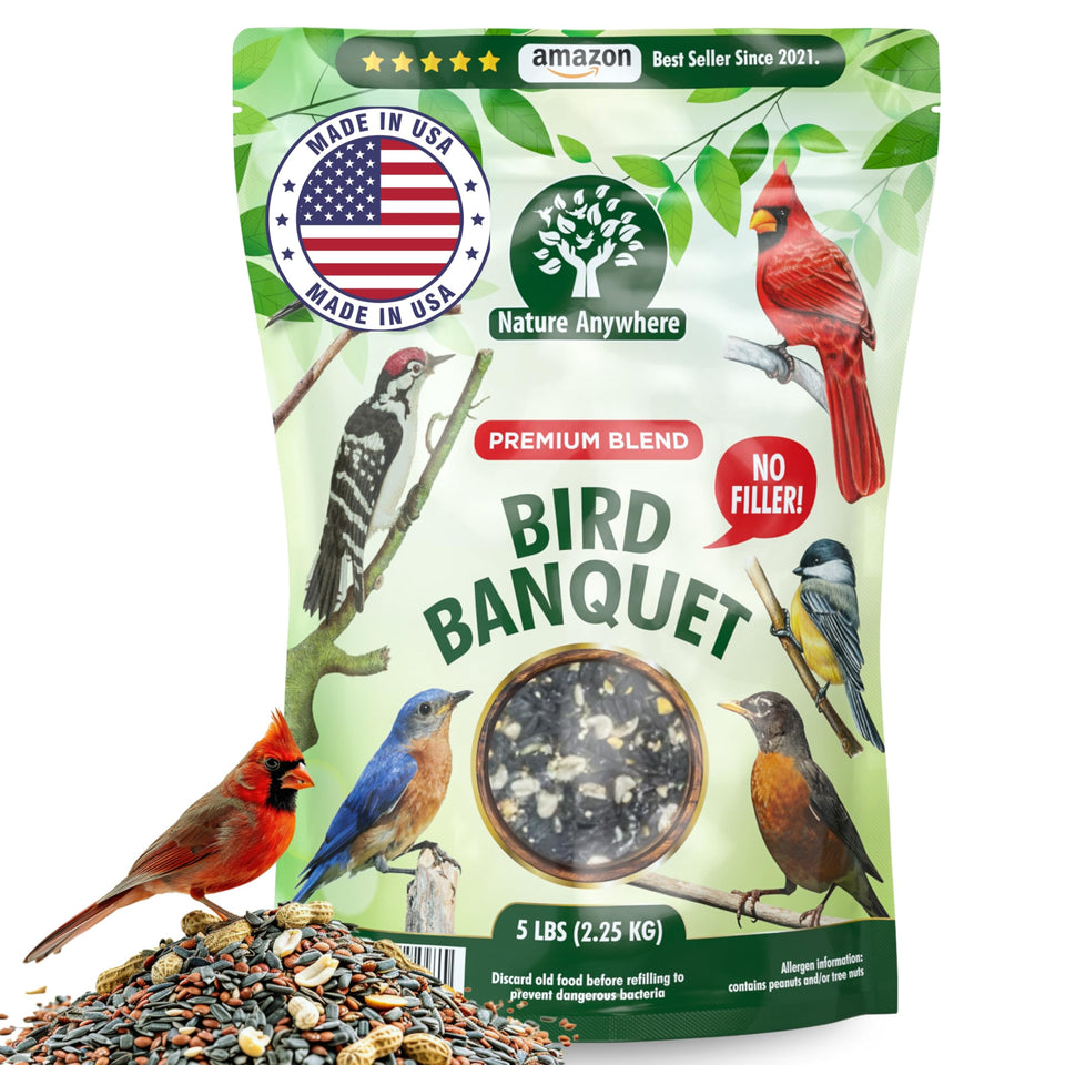 Nature Anywhere Bird Banquet seed bag, premium no-fillers blend for backyard birds.