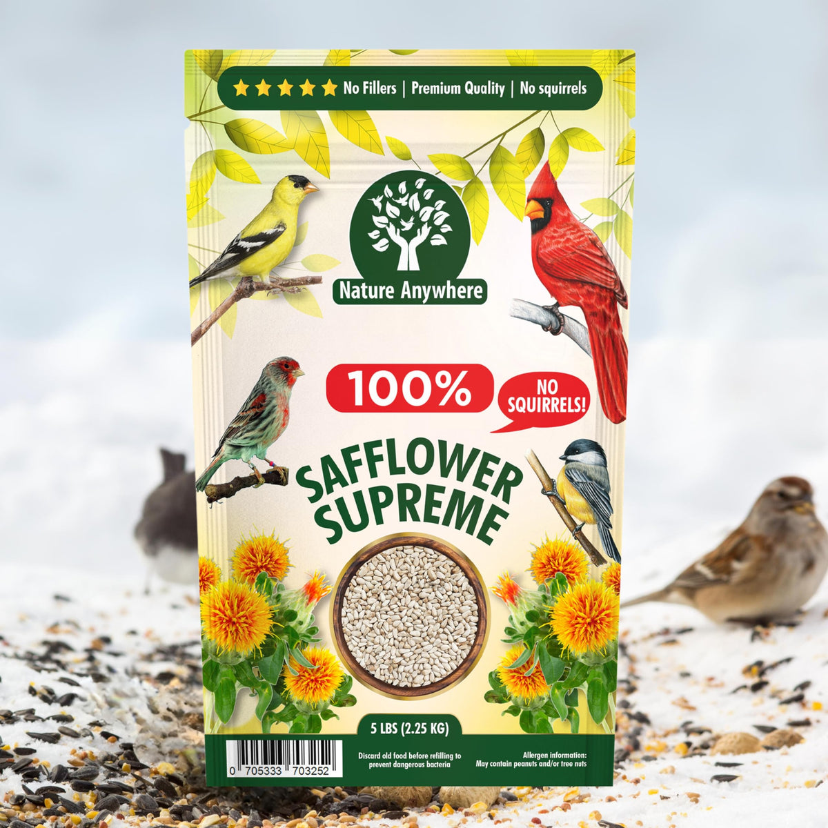 Birds finishing safflower seeds at a window feeder with Nature Anywhere