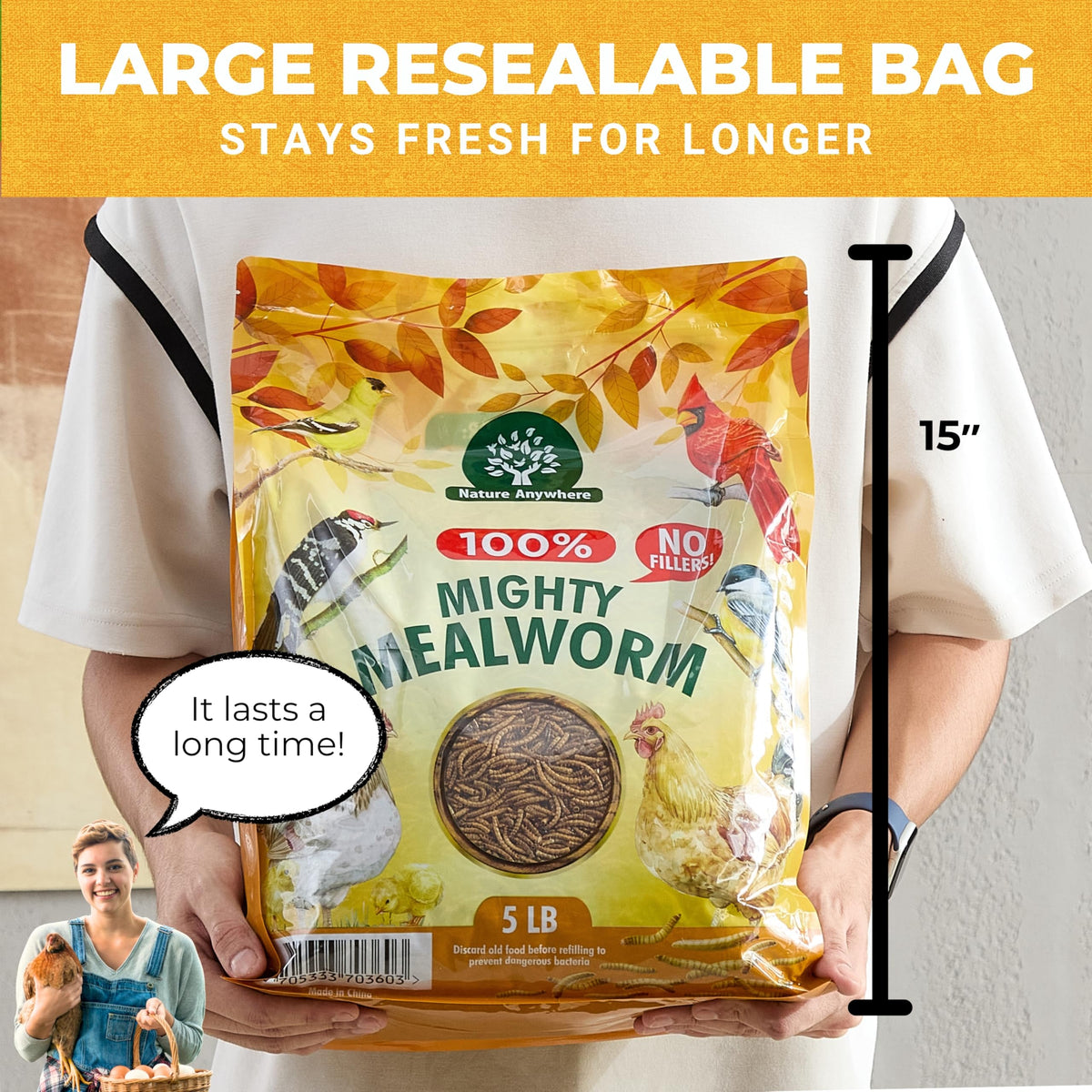 Nature Anywhere Mealworms chickens feeding time image shows protein-packed toppers for egg-laying hens.