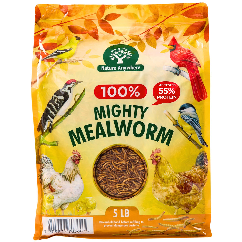 Nature Anywhere Mighty Mealworm bag front showcases resealable packaging for long-term freshness.