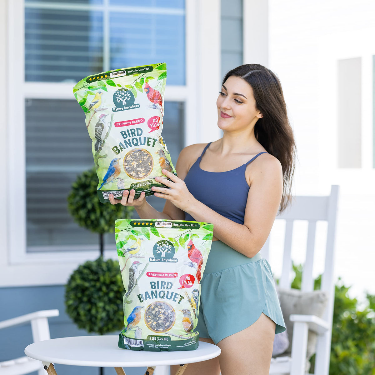 Nature Anywhere No-fillers bird seed highlighting value per pour and reduced waste.