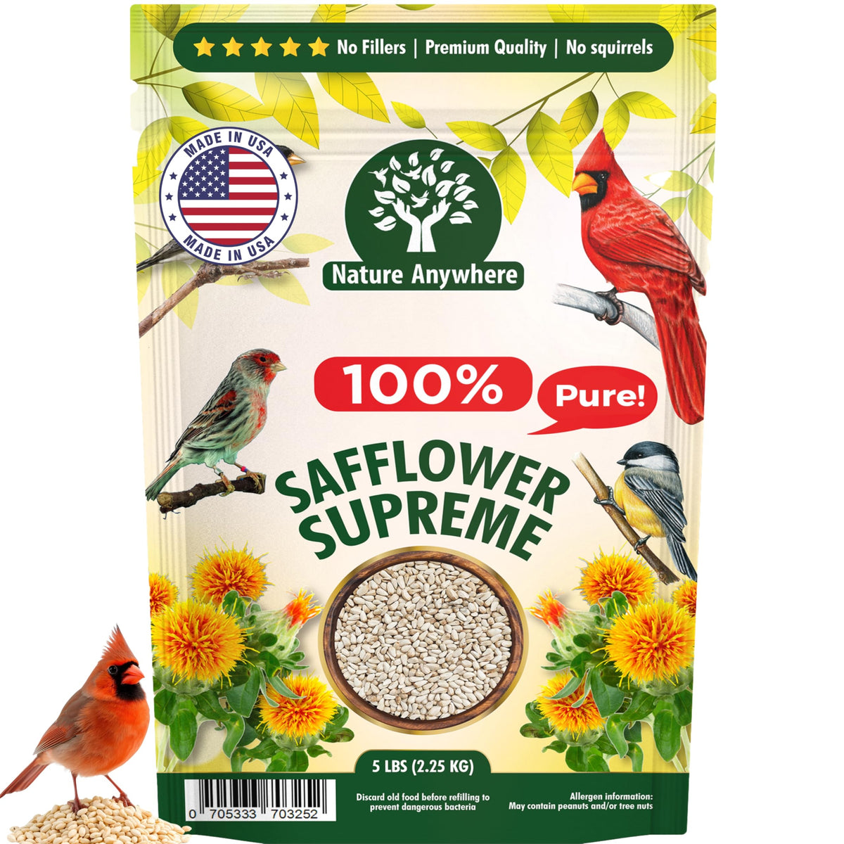 Nature Anywhere safflower supreme bag on a counter with USA-made emphasis for backyard feeders