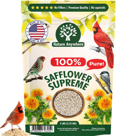 Nature Anywhere safflower supreme bag on a counter with USA-made emphasis for backyard feeders