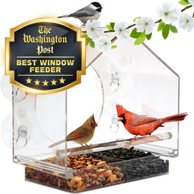 Nature Anywhere window bird feeder front view showing clear acrylic design for indoor birdwatching.