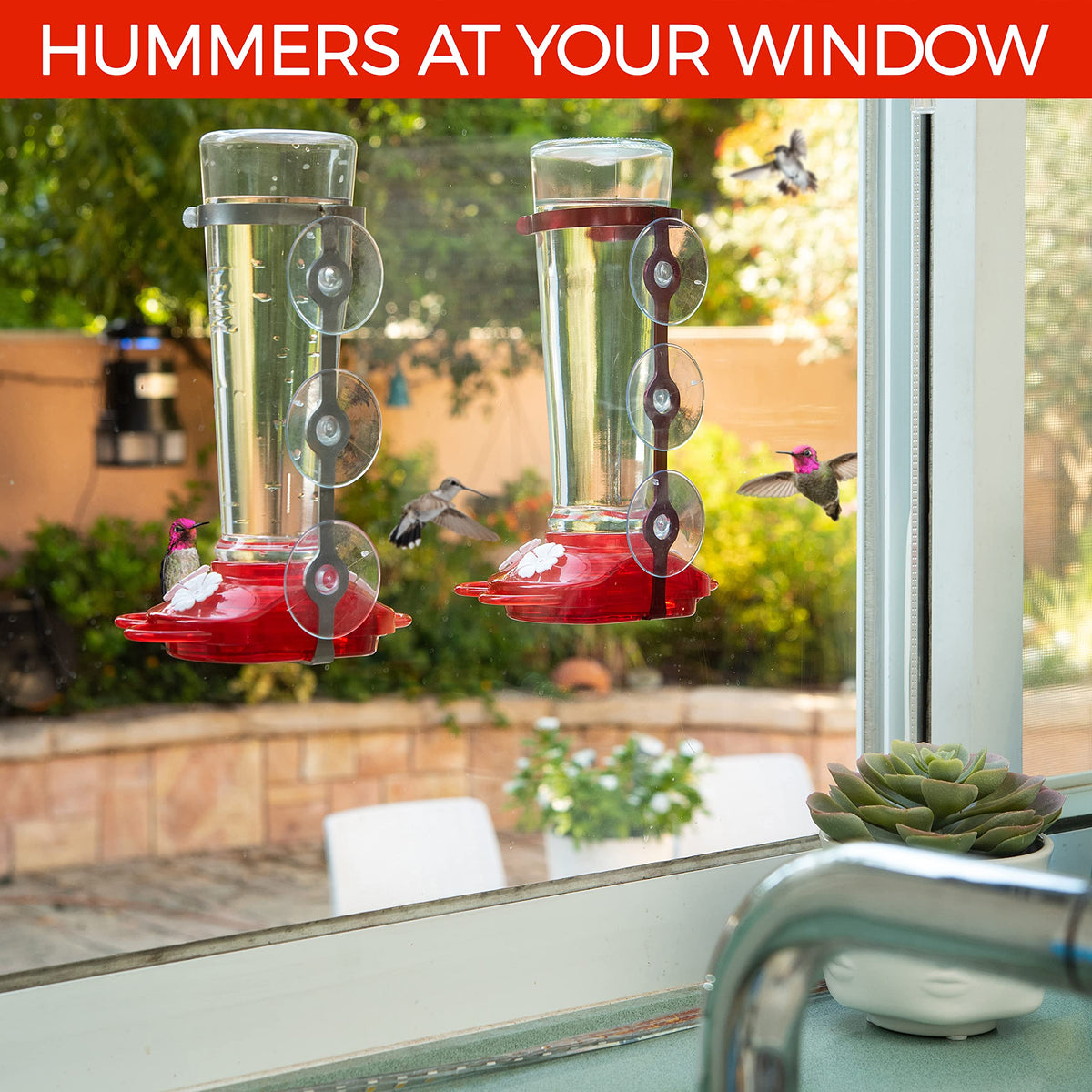 Nature Anywhere feeder with interchangeable flowers adds color to attract hummingbirds.
