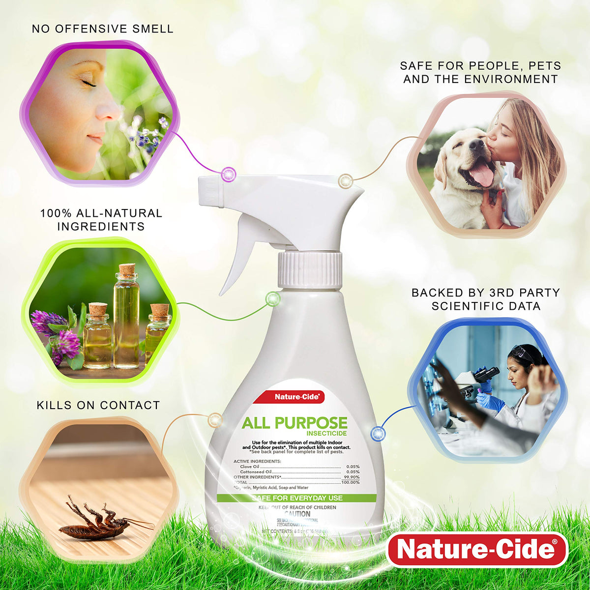 Nature-Cide All Purpose Spray bottle closeup highlights easy-to-use pre-mixed formula.