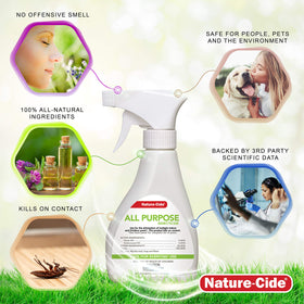 Nature-Cide All Purpose Spray bottle closeup highlights easy-to-use pre-mixed formula.