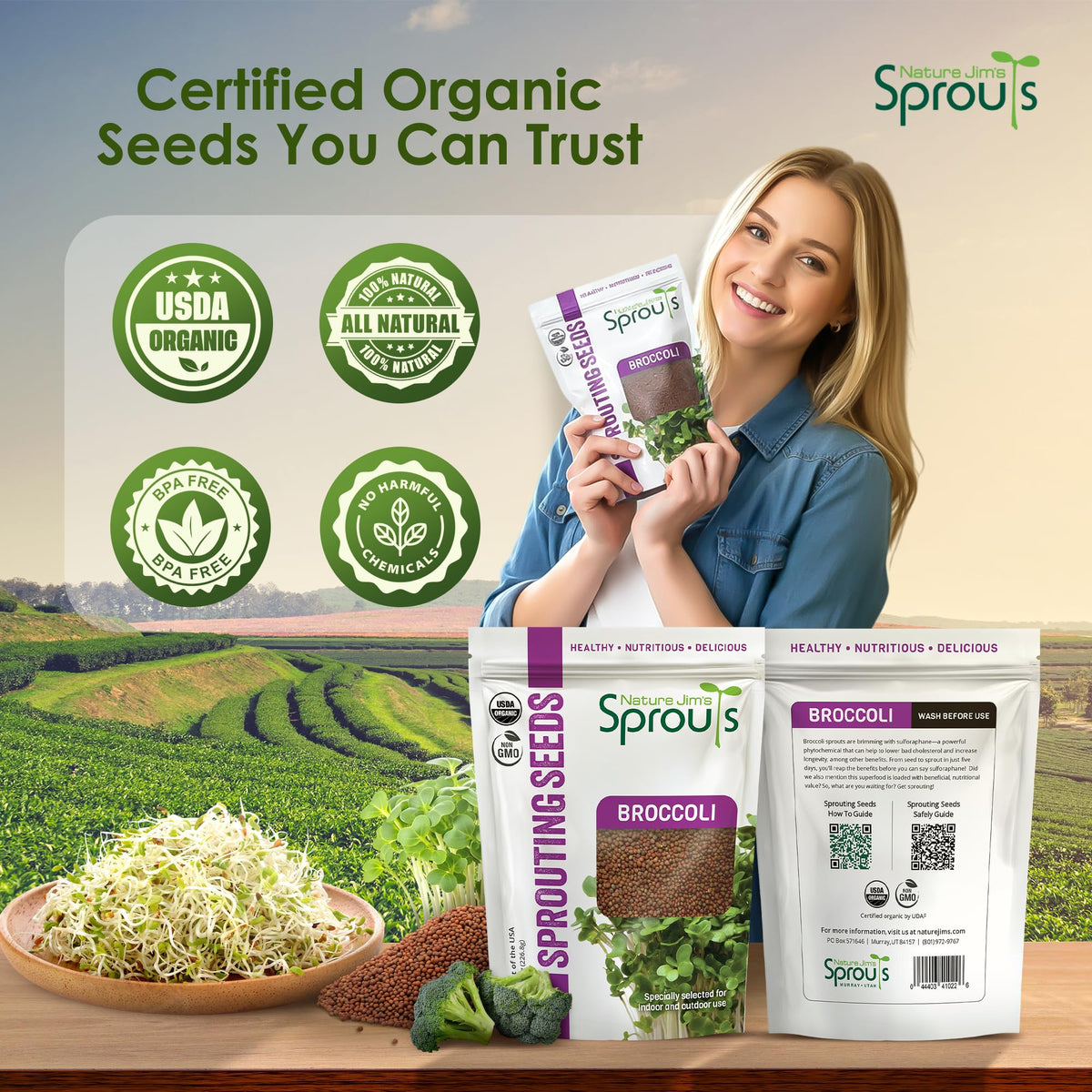 Nature Jim's organic sprouting seeds in resealable bag for freshness