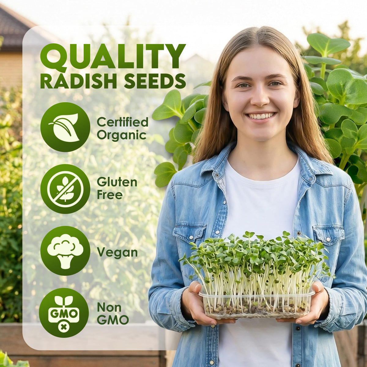 Nature Jims radish sprout seeds close-up emphasizes organic quality
