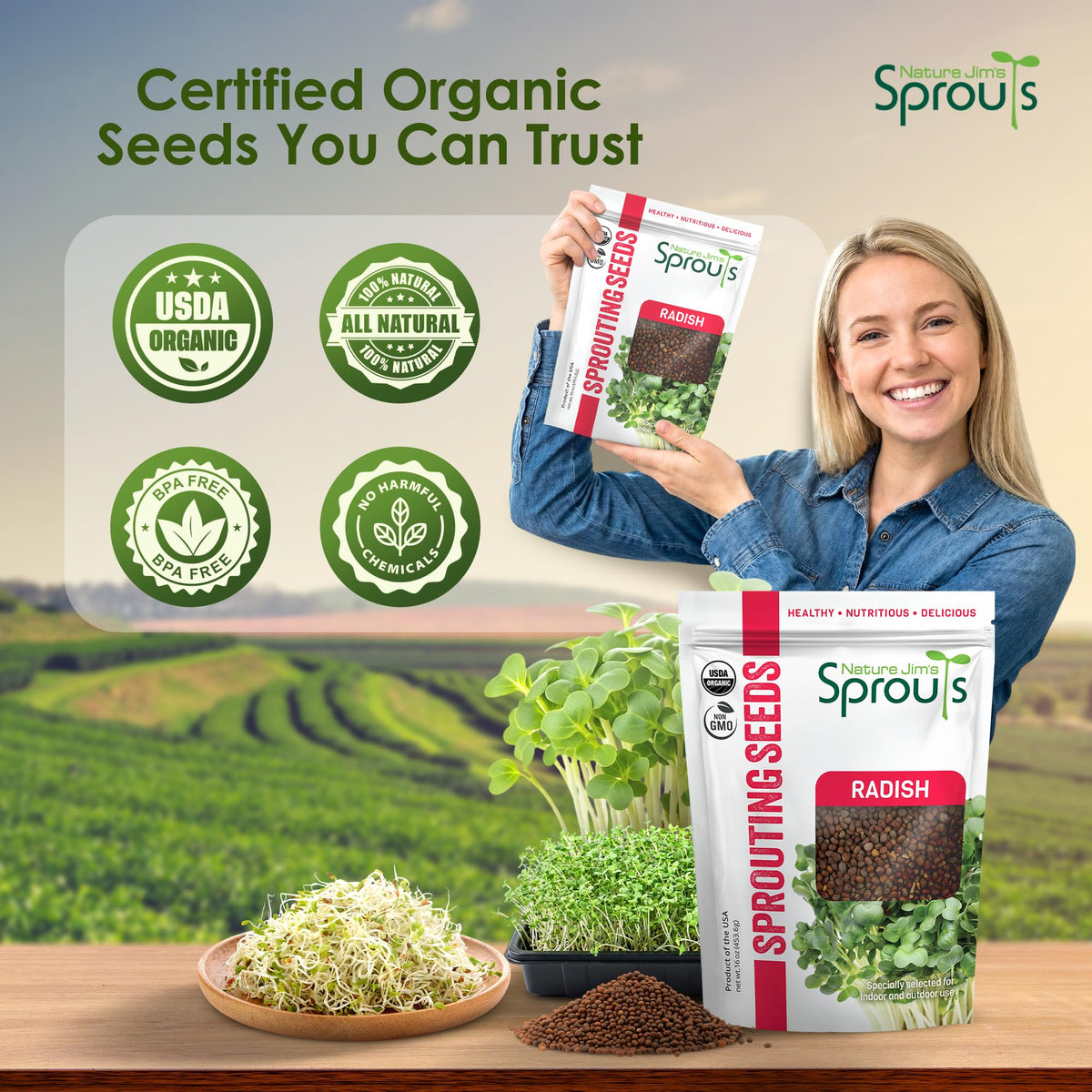 Nature Jims radish sprout seeds resealable bag keeps viability for future harvests