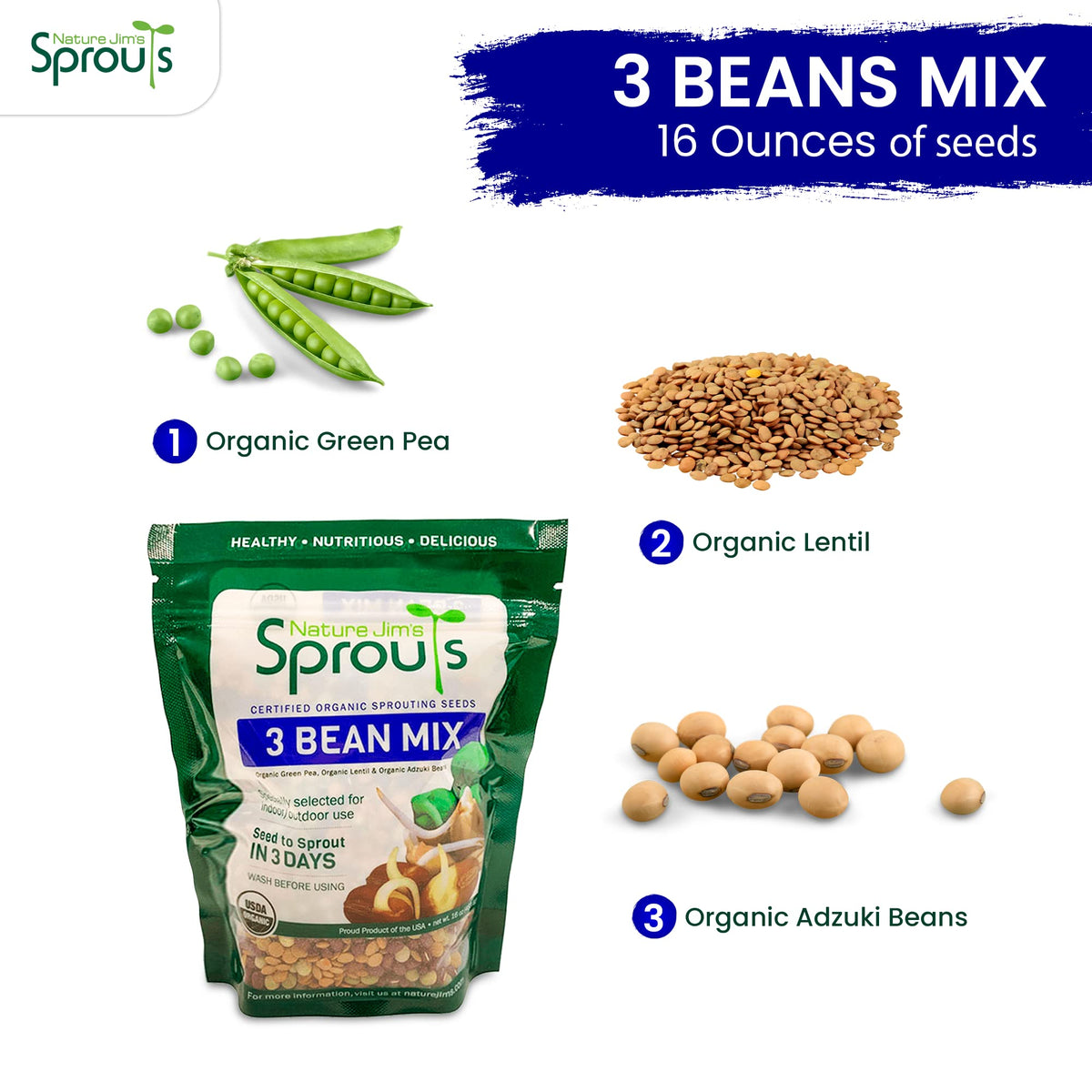 Nature Jim's Sprouts 3-Bean Seed Mix 16oz bag ready for sprouting.