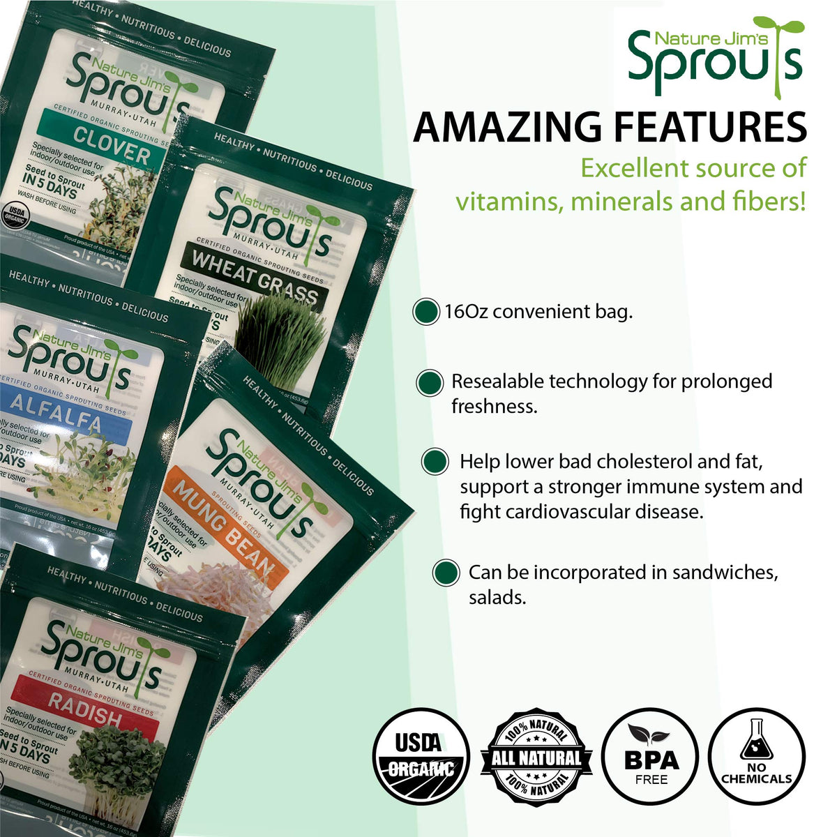 Nature Jim's Sprouts 3-Bean Seed Mix non-GMO badge on packaging.