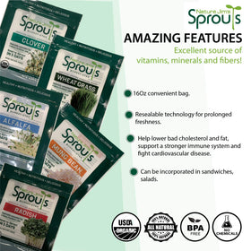 Nature Jim's Sprouts 3-Bean Seed Mix non-GMO badge on packaging.