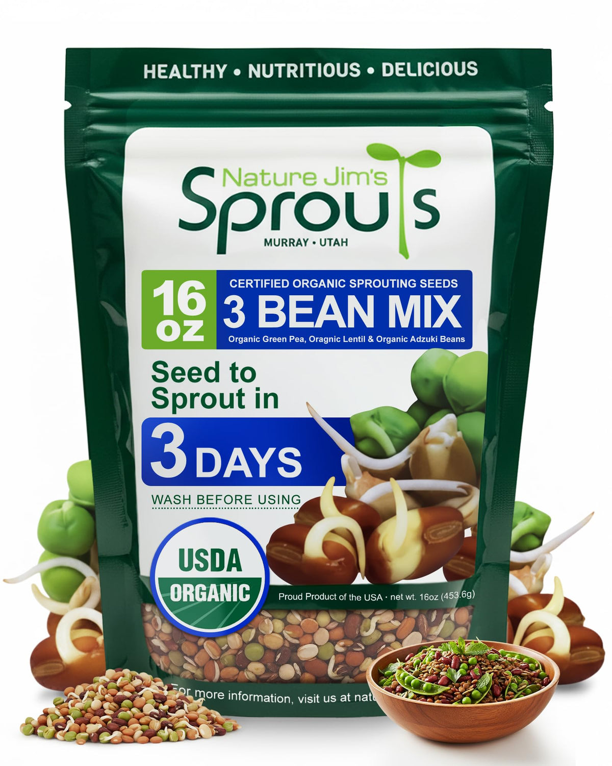 Nature Jim's Sprouts 3-Bean Seed Mix pack front, ready for home sprouting.