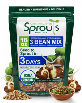 Nature Jim's Sprouts 3-Bean Seed Mix pack front, ready for home sprouting.