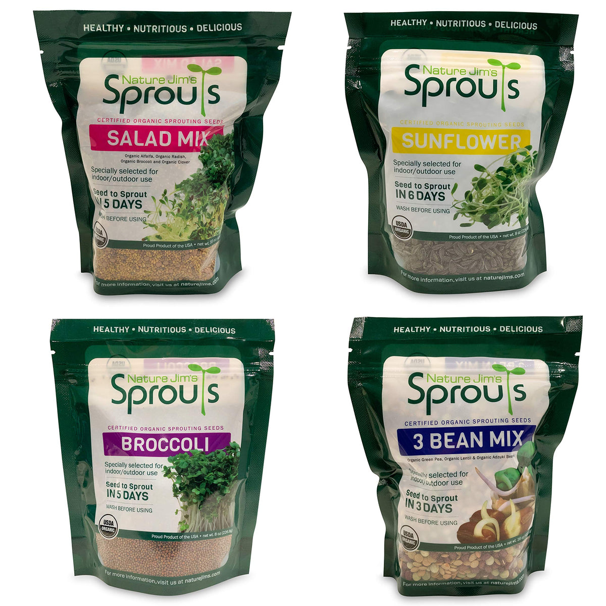 Nature Jim's Sprouts 3-Bean Seed Mix sprouts-ready image showing rapid germination.