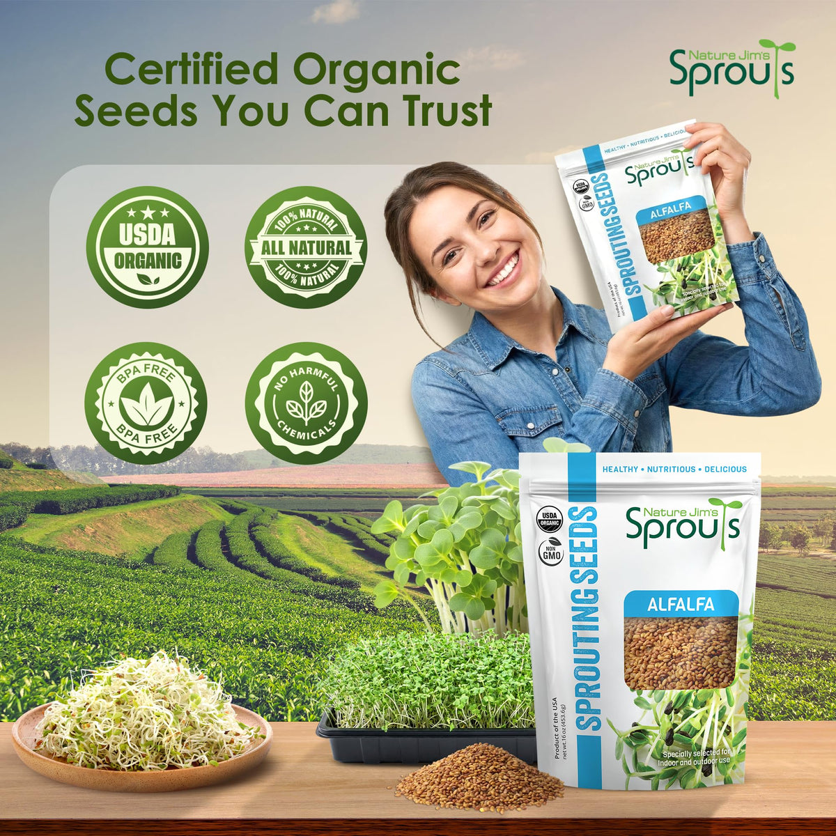 Nature Jims Sprouts non-GMO alfalfa seeds for organic home sprouting.