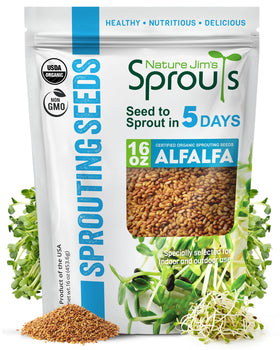 Nature Jims Sprouts alfalfa seeds in resealable bag for easy home sprouting.